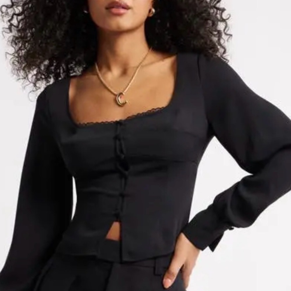 Open Edit Black Button-Front Corset Blouse Top Size Large NWT